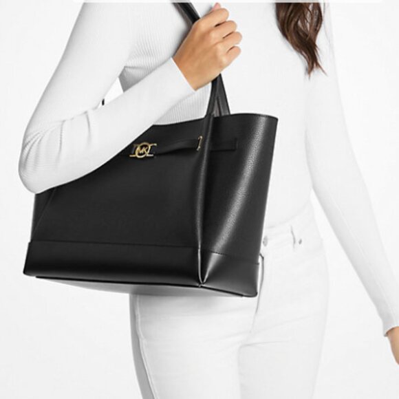 NWT Authentic Michael Kors Reed Large Pebbled Black Leather Belted Tote Bag $558 - Picture 3 of 13